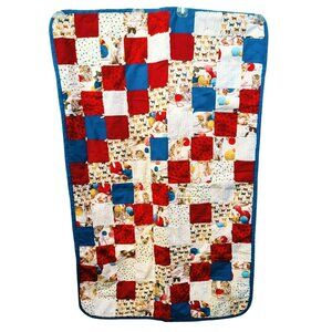 Vintage Homemade Baby Crib Nursey Quilt Blanket Cats Blue Red 30" x 46"